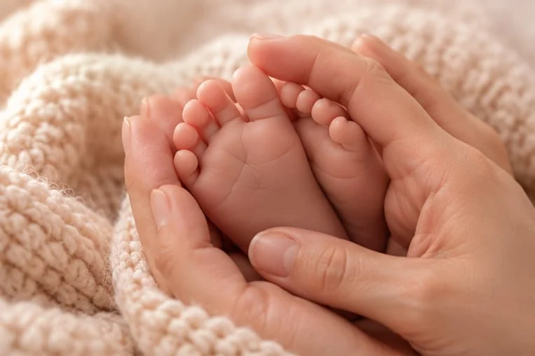 A baby’s feet in the hands of a parent, on a soft blanket